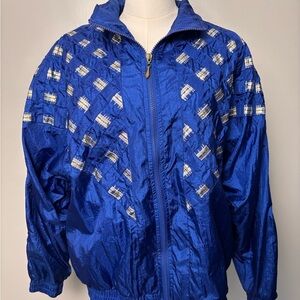On Your Mark Vintage 80’s Blue Bomber Windbreaker Shoulder Pads Jacket Sz Large